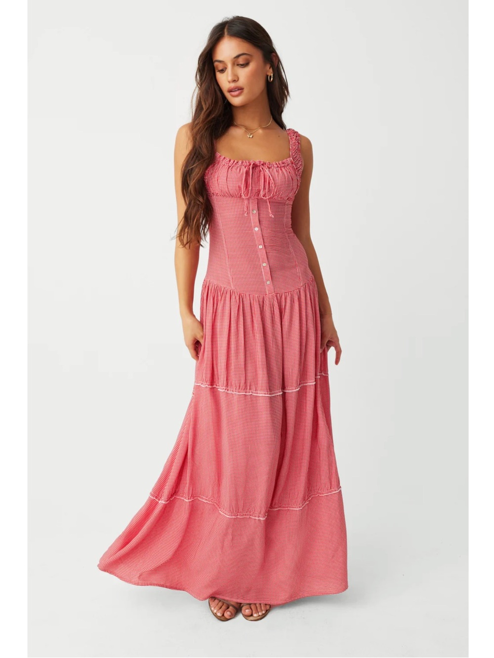 Frankie’s Bikini’s Christabelle Red Gingham Tiered Maxi Dress Small